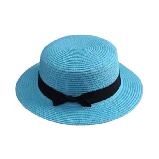 Beach Straw Hat Flat Top Wide Brim Sun Protection Hat with Black Ribbon Bow Hand-Woven Breathable Summer Hat