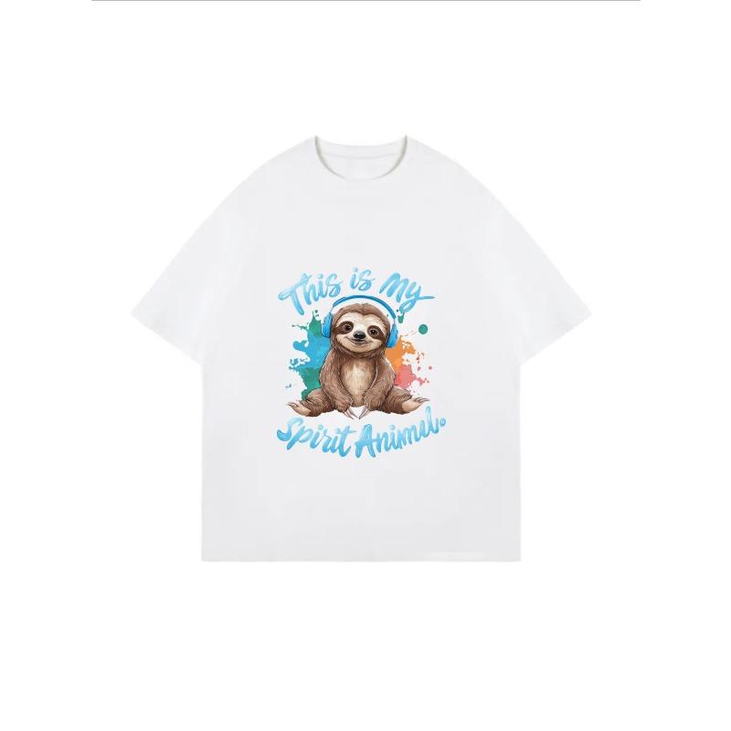 Crew Neck T Shirt White Sloth With Headphones And This Is My Spirit Animal Text Graphic Print Casual Wear For Women