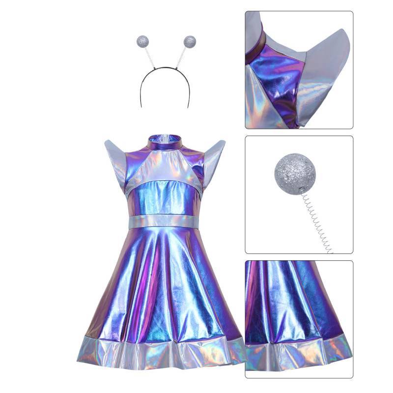 Artificial Intelligence Aliens Cosplay Dress For Kids Party Performance With Sequin And Cartoon Elements