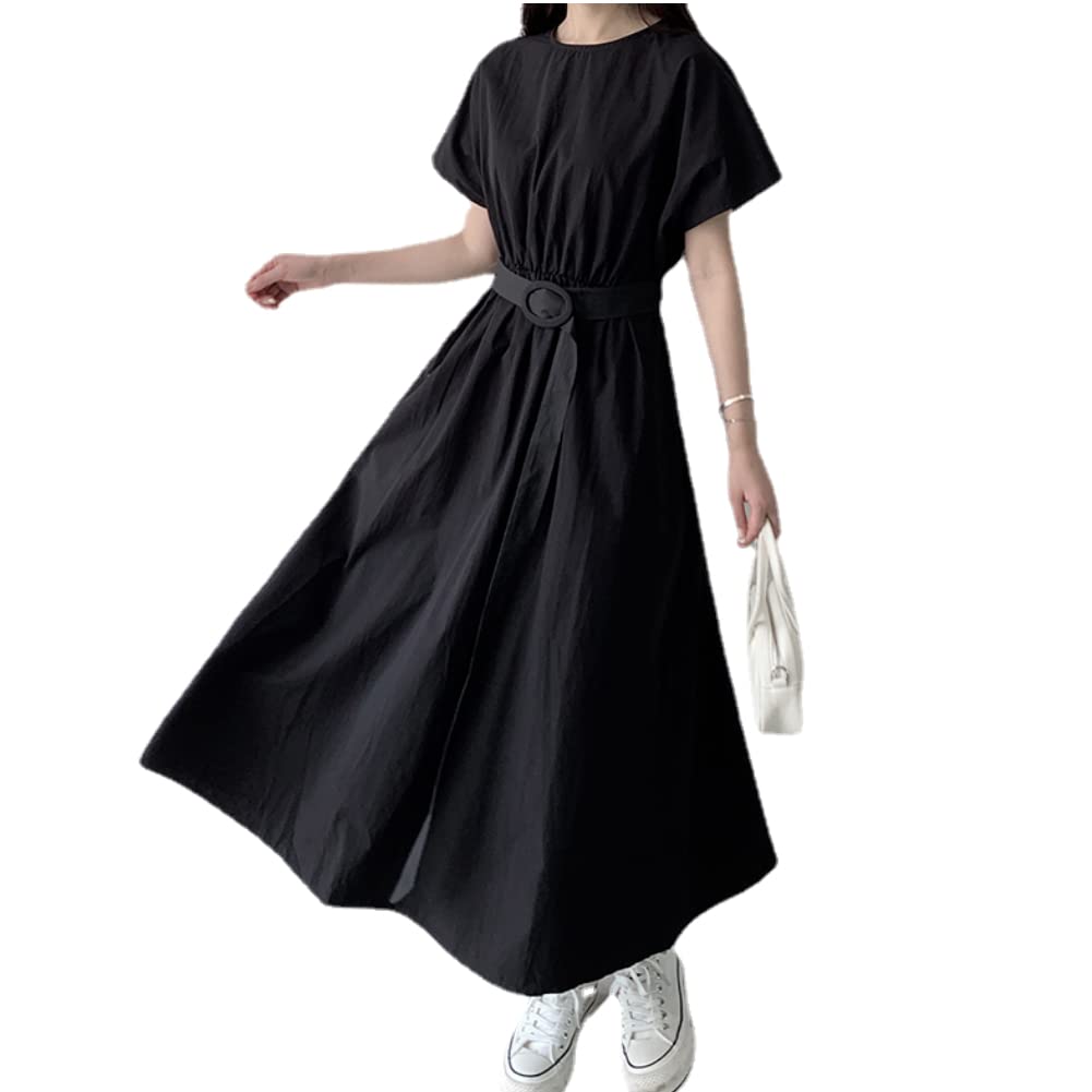 

Summer French Sleeve Long Dress with Simple Plain Sizes [JINJUDUO] Belt, M-XL, Women s (S, Black) чёрный
