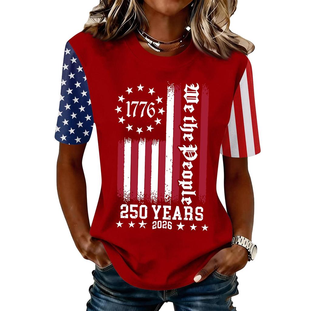 Blusa Feminina da Moda Casual de Manga Curta com Estampa e Gola Redonda