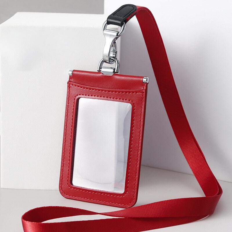 Double Sided Transparent PVC and Real Leather Work Card Holder with Lanyard Staff Hanging Neck Anti-interference Protection ID Badge Cards Cases