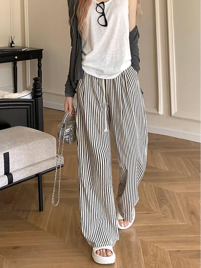

Women s Petite High Waist Black & White Striped Wide Leg Pants - Summer Casual Straight Leg 2XL (126-145 jin)