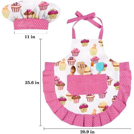 Kids Aprons for Cooking,Kids Chef Hat and Apron with Large Pocket for Baking Cupcake kids Apron for 6-12 Years