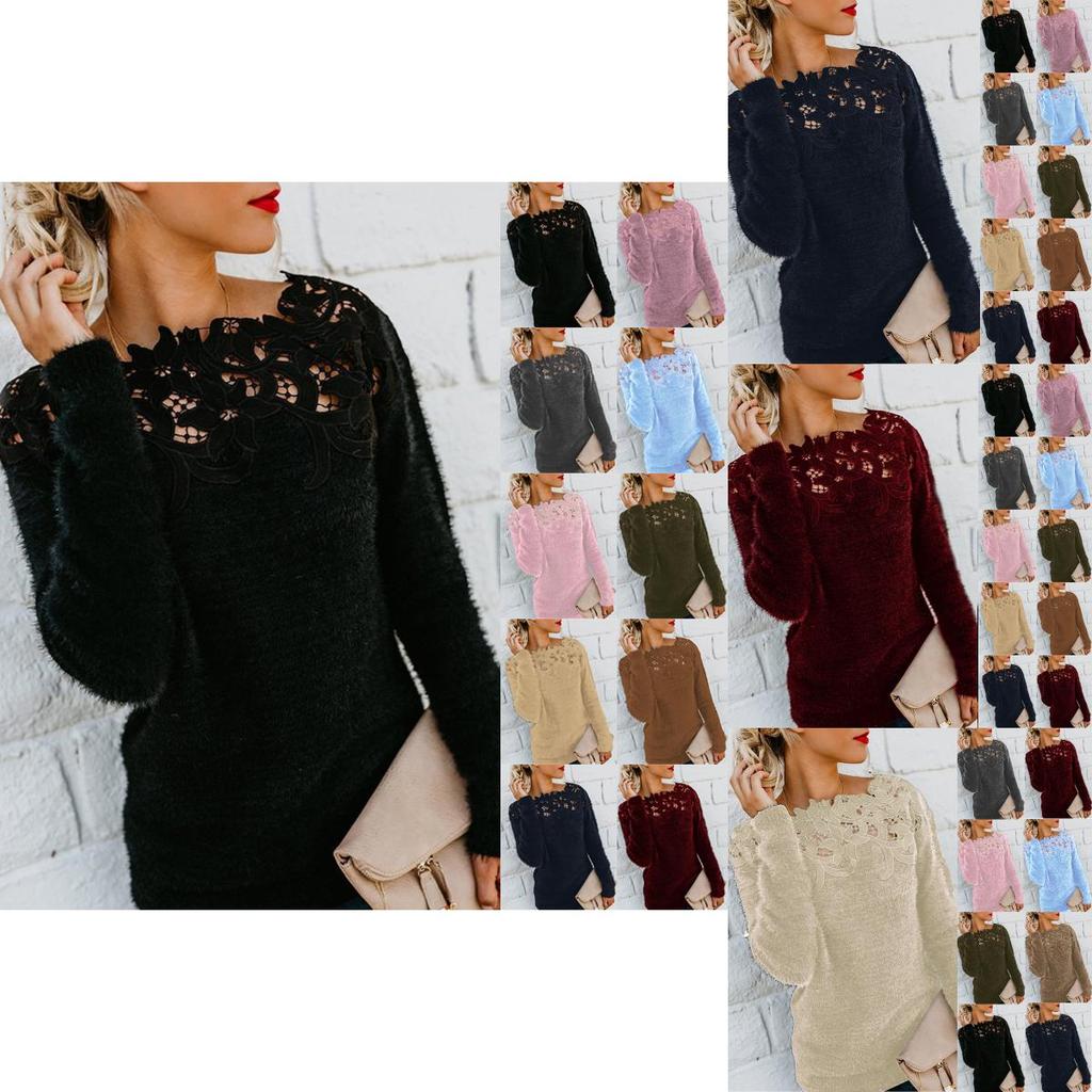 Cozy Women's Autumn Winter Fleece Sweater Tops With Elegant Lace Design For Style