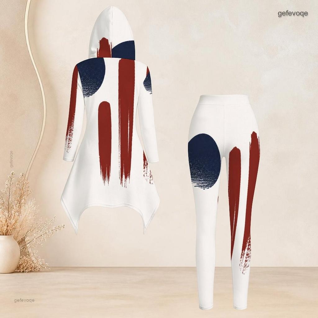 Women Plus Size Hooded Long Sleeve American Flag Printed High Low Top Fitted Pants Two Piece Set