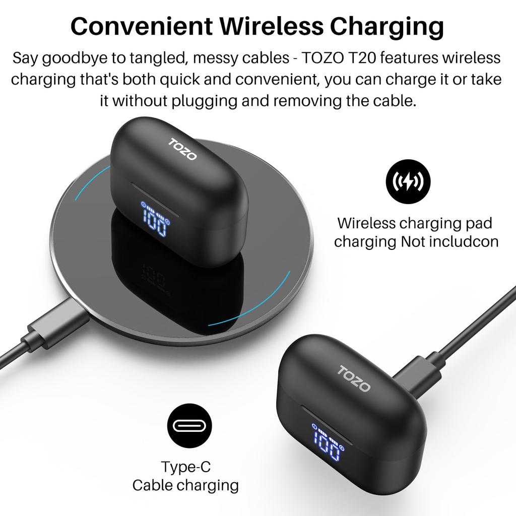 TOZO T20 Wireless Earbuds [New for 2023] Bluetooth 5.3 with ENC Noise Cancellation, Built-in Microphone, Immersive Premium Sound, Digital LED