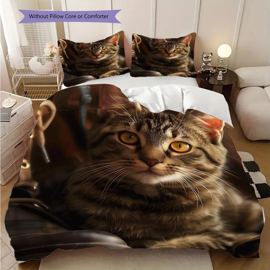 Tabby Cat Pattern Bedding Quilt Set Quilt Cover Pillowcase Home Decoration Birthday Gift (1 * duvet cover + 2 * pillowcase, without core)