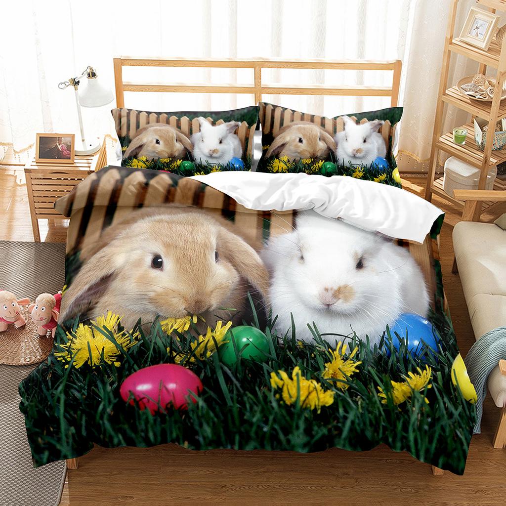 Cute Rabbit Duvet Cover Set Animals Polyester Comforter Cover King Queen Size for Kids Boys Girls Bedding Set with Pillowcase