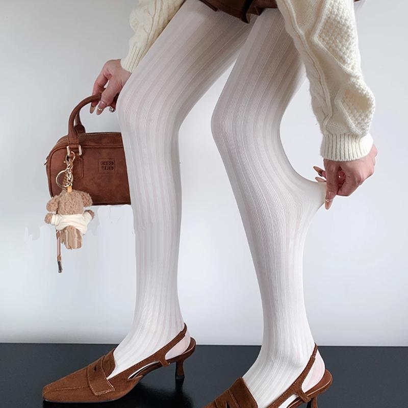 Striped Tights Women  Autumn Winter Elastic Basic Pantyhose  Solid Color Retro Super Stretch Tights Stockings Leggings