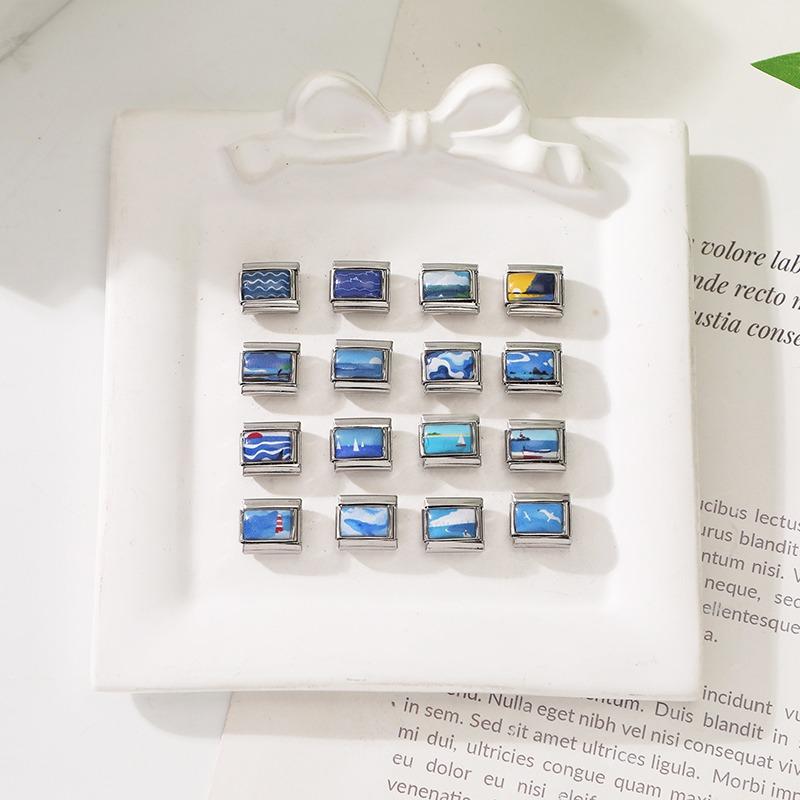 Fashion Blue Series Seaside Scenery Seawave Sailing Italian Charm Links Fit 9mm Stainless Steel Bracelet Jewelry DIY Making