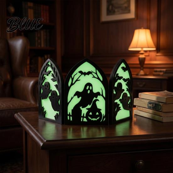 Halloween Mantelpiece Decorations Wooden Screen Ornaments Glow in The Dark Gothic Arch Eco-friendly Wood Art Decor No Assembly Atmosphere
