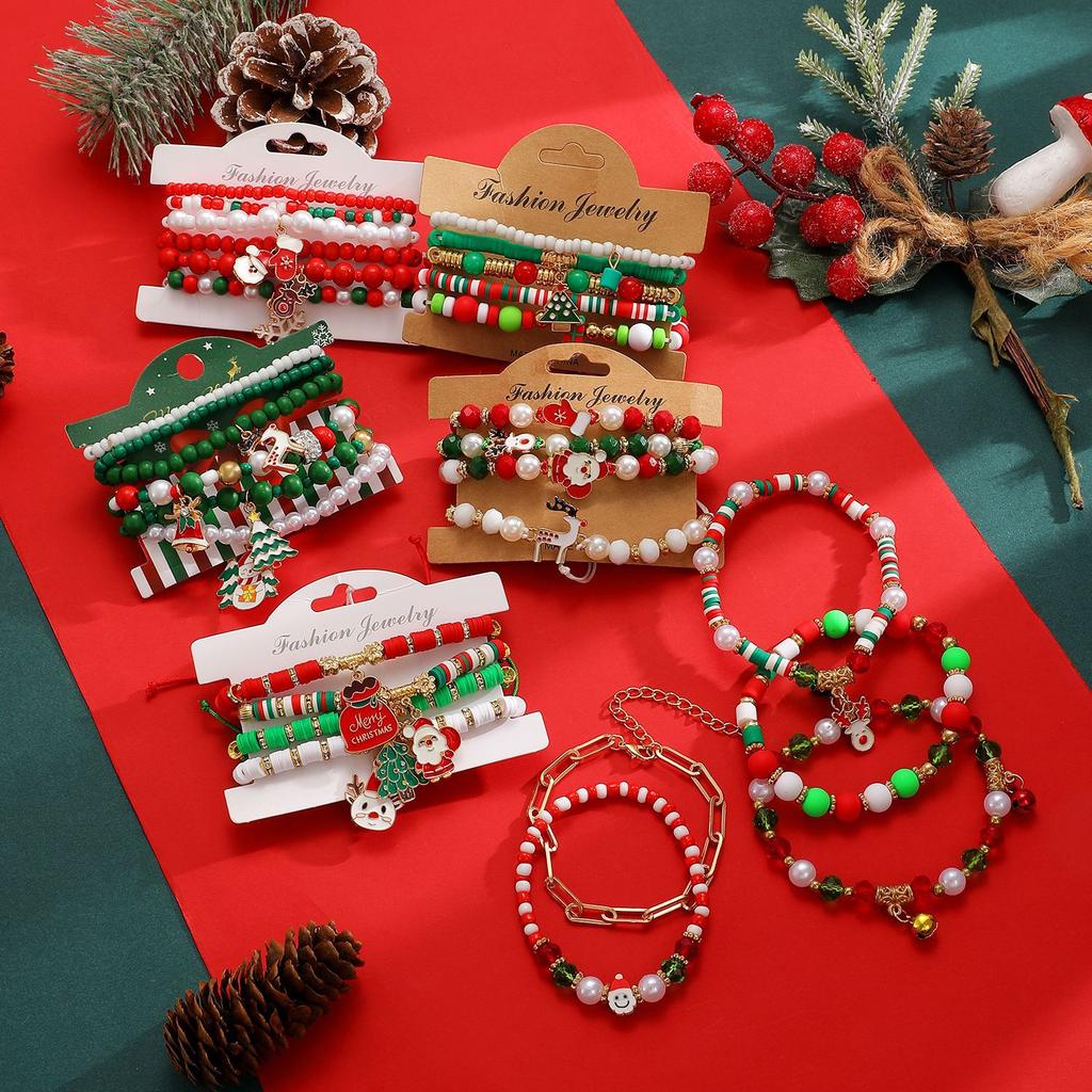 Kerst Polymer Klei Kralen Armband Set, Kerstman Sneeuwvlok Rendier Stretch Bedel Armbanden, Feestelijke Stapelbare Sieraden voor Vrouwen Meisjes