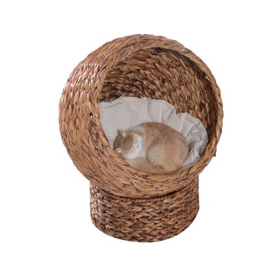 Lit surélevé pour chat en feuille de bananier tissé Panier en osier pour chaton Tanière pour animal de compagnie, Maison Grotte douillette avec Dôme à coussin doux 50x42x60cm Marron