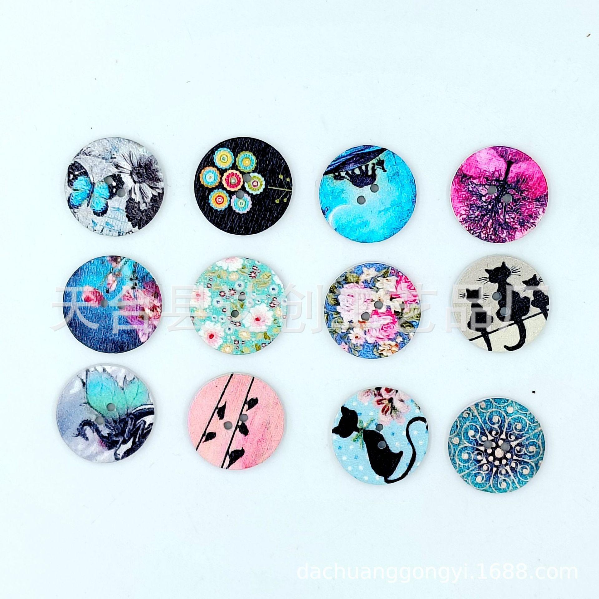 

100 Assorted Vintage Floral & Bird Landscape Two-Hole Buttons on White Background 25mm floral & bird button