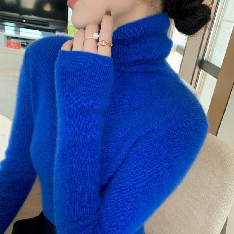 Damen High-Neck Enganliegender Strickpullover - Einfarbig, Figurbetont, Vielseitig für Herbst/Winter. S (recommended 75-90 jin) blue