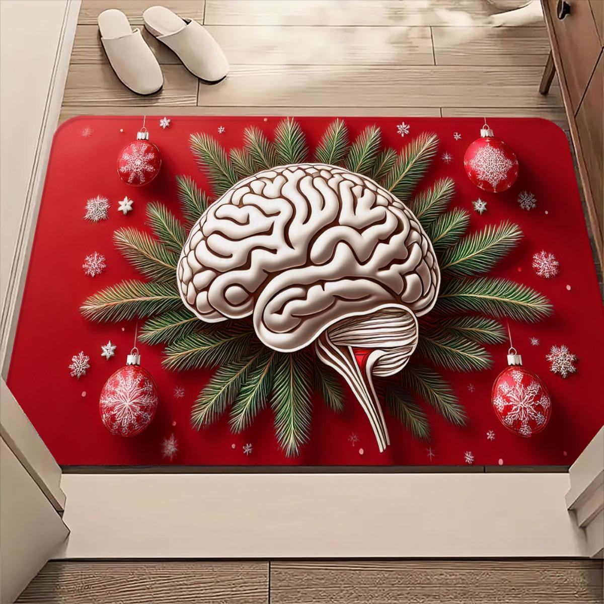 

Christmas Brain Pattern Doormat Festive Holiday Rug, Elegant Machine Washable Polyester Door Carpet for Living Room Decor 40x60cm