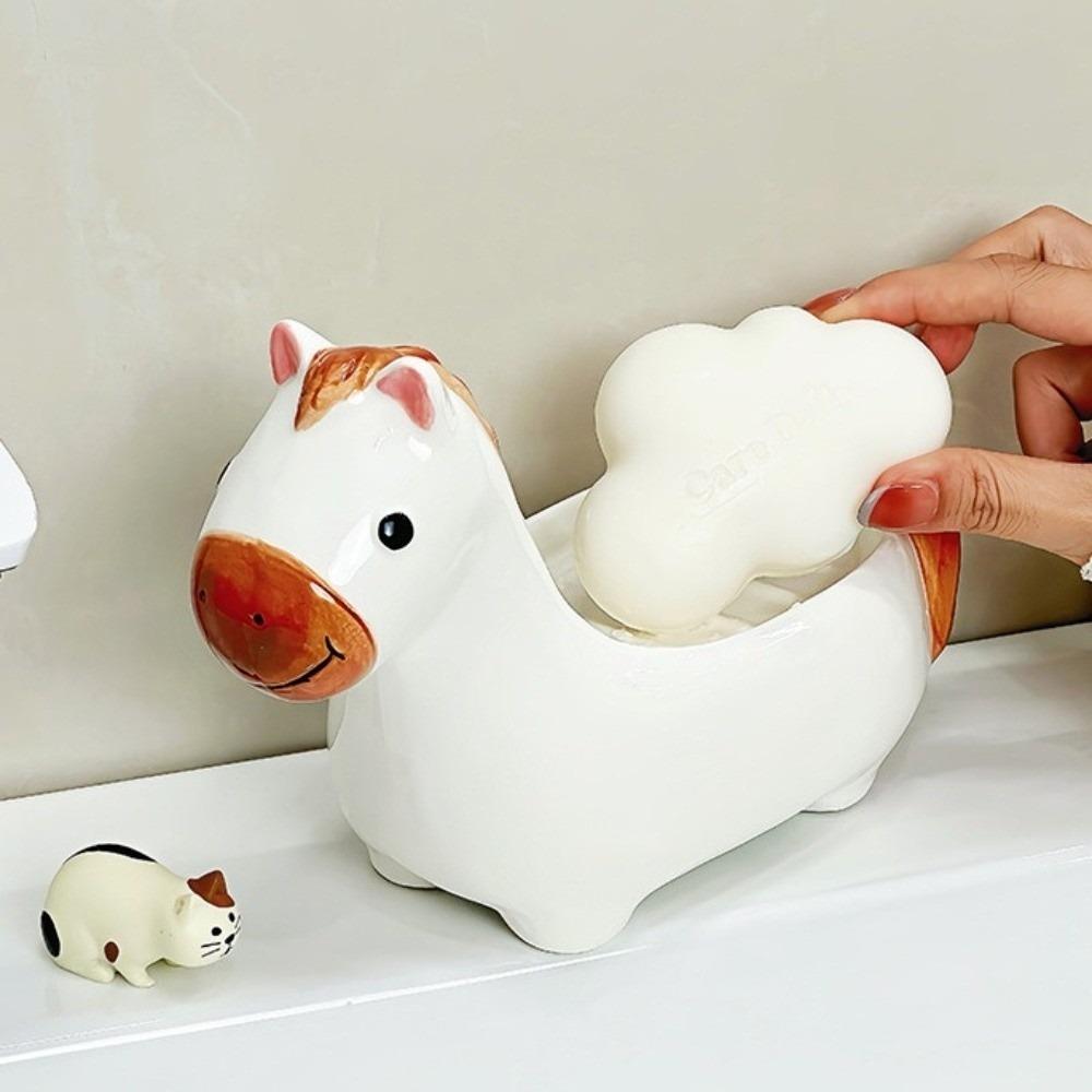 Cute Horse Soap Dish Soap Box Drainable Self Draining Soap Holder Soap Container Ceramic Bathroom Decor Organizer