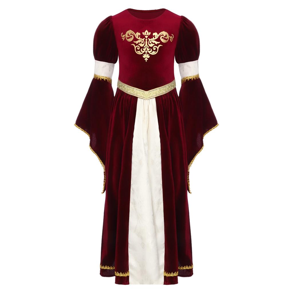 Luxury Medieval Princess Gown for Kids: Detailed Patchwork, Bell Sleeves, Gold Print & Waist Band for Renaissance Theme Event