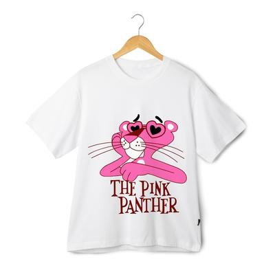 Różowa Pantera Pościg Motocyklowy Graficzny T-Shirt - Zabawna Kreskówkowa Koszulka w Stylu Ulicznym
