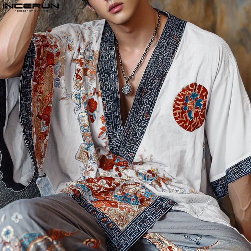 

INCERUN Oversized Men V Neck Batwing Sleeve Print Irregular Casual T-shirts Tops 4XL сірий колір