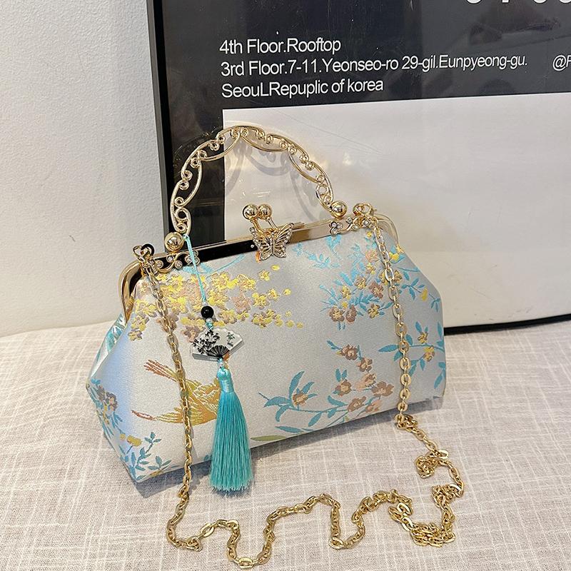 Bohemianowa Haftowana Torba na Ramię Damska Modna Metalowa Rączka Portmonetka z Paskiem na Łańcuszku Elegancka Torba Crossbody Pomysł na Prezent portfel
