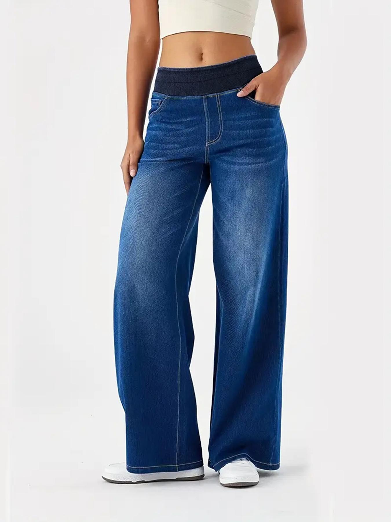 

2026 Spring/Summer New Arrival: Ribbed Waistband Stretchy Loose Straight-Leg Jeans Medium синий