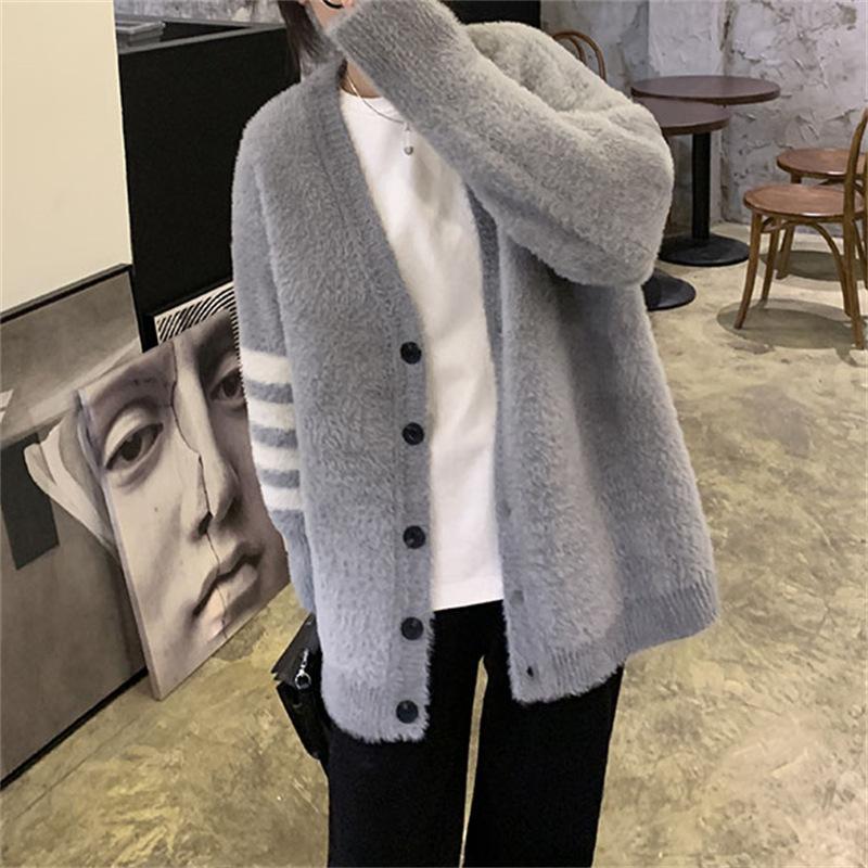 Autumn and winter imitation mink velvet knitted cardigan top women's versatile loose lazy wind sweater jacket splicing design
