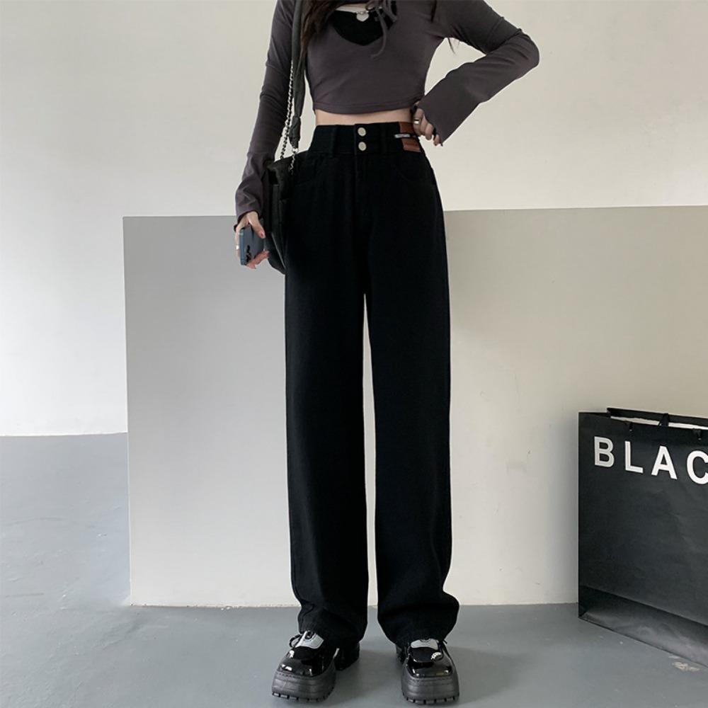 

Retro simple high-waisted double-buckle wide-leg jeans 2025 spring and autumn new thin loose floor-mopping jeans 2XL чёрный