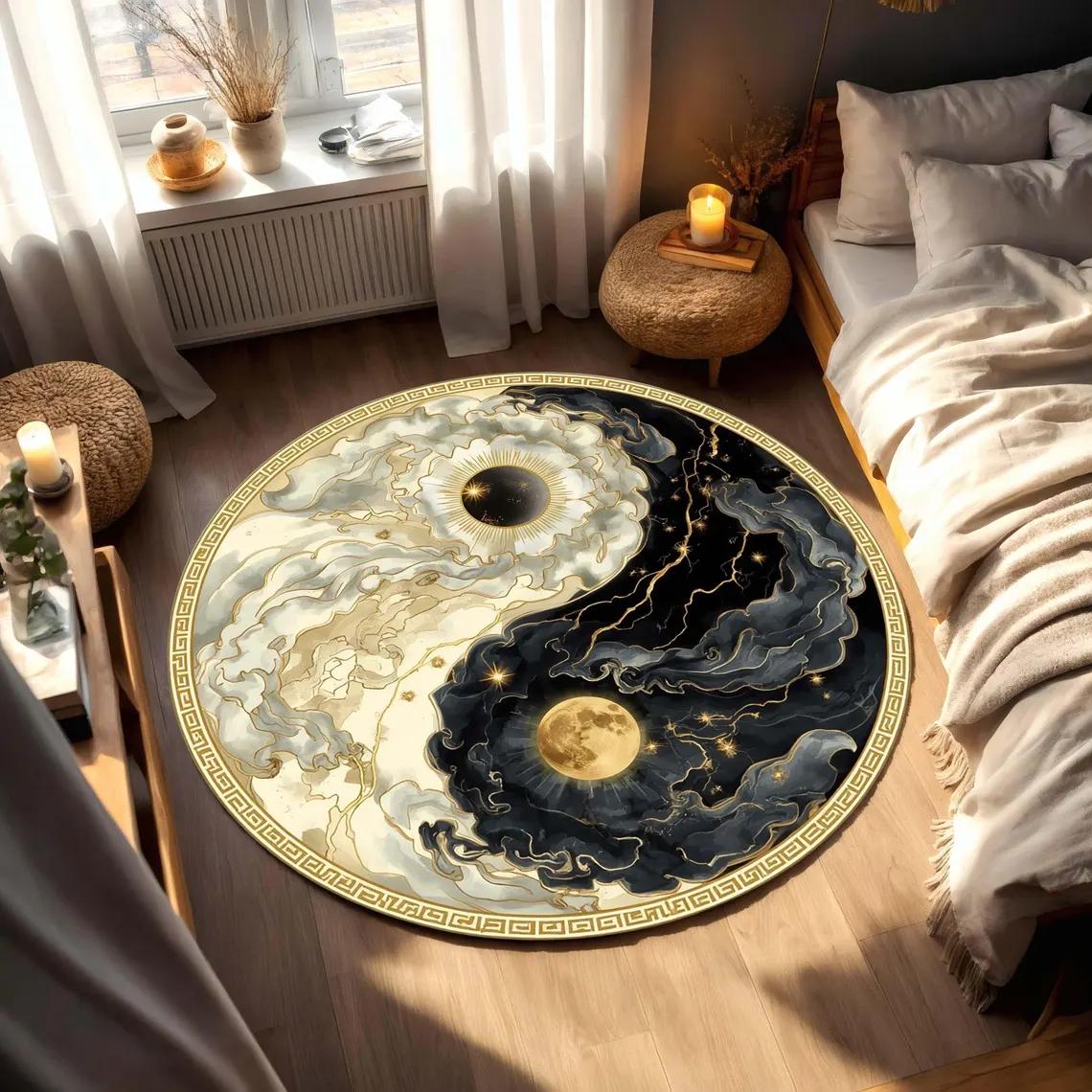 Celestial Yin Yang Round Rug Black Gold Sun Moon Carpet Cosmic Balance Mandala Spiritual Boho Floor Mat for Living Room Bedroom Diameter 60cm