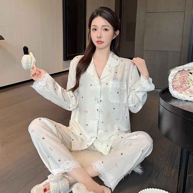 

Elegant French Bow Print Lyocell-Cotton Pajama Set – Lace, Sweet Princess Style for Autumn/Spring L