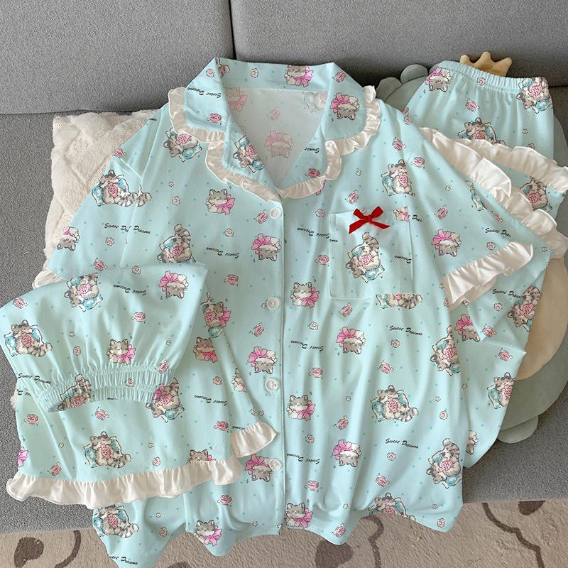 

Милая мультяшная пижама в стиле кошки, женская домашняя одежда с коротким рукавом, комплект из трех предметов с отделкой из хлопка-имитации 2XL [Recommended 135-75kg]