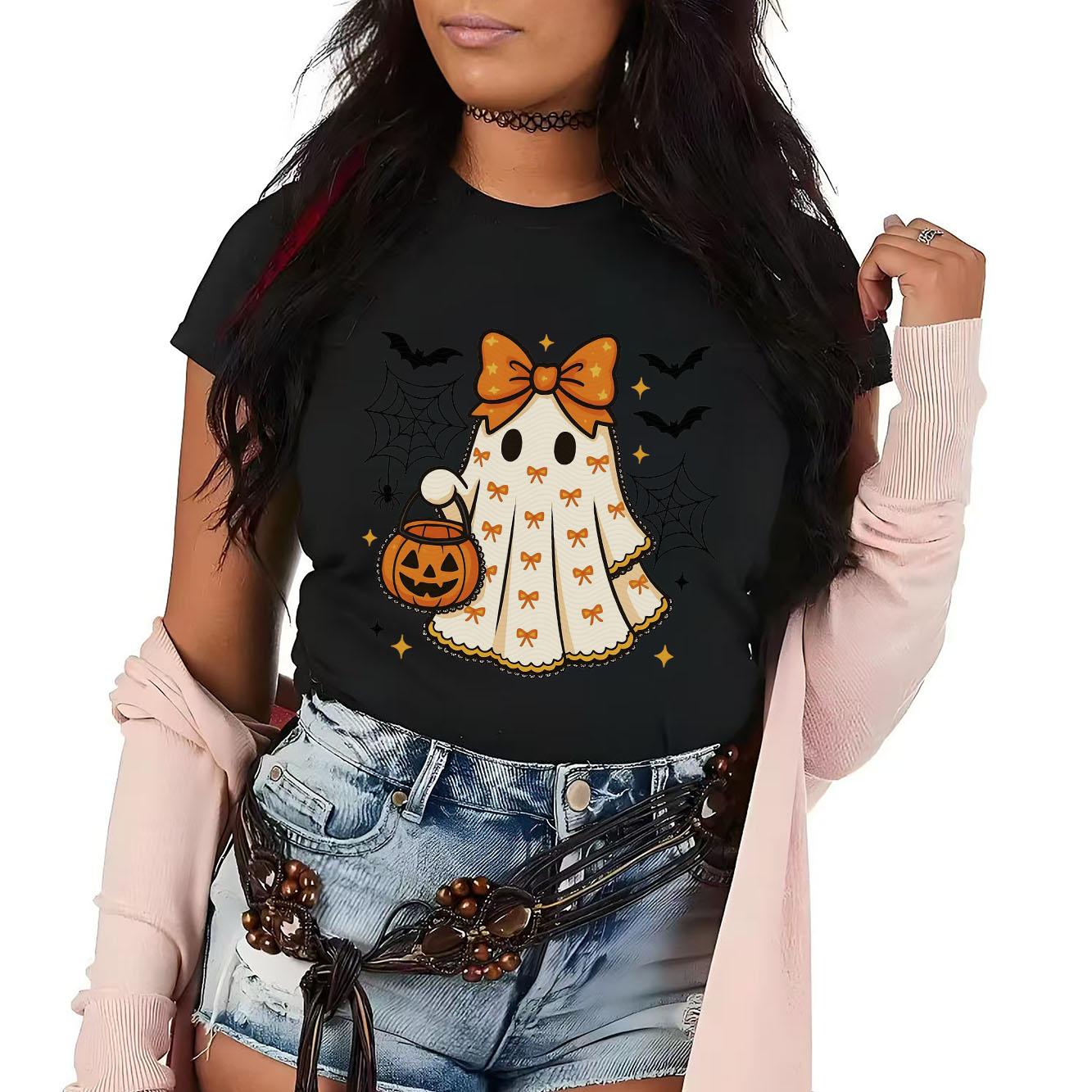 

Halloween Bow BOO Printed Tshirt Casual Short Sleeve Suitable for Four Seasons Fashion Versatile Womens Tshirt S