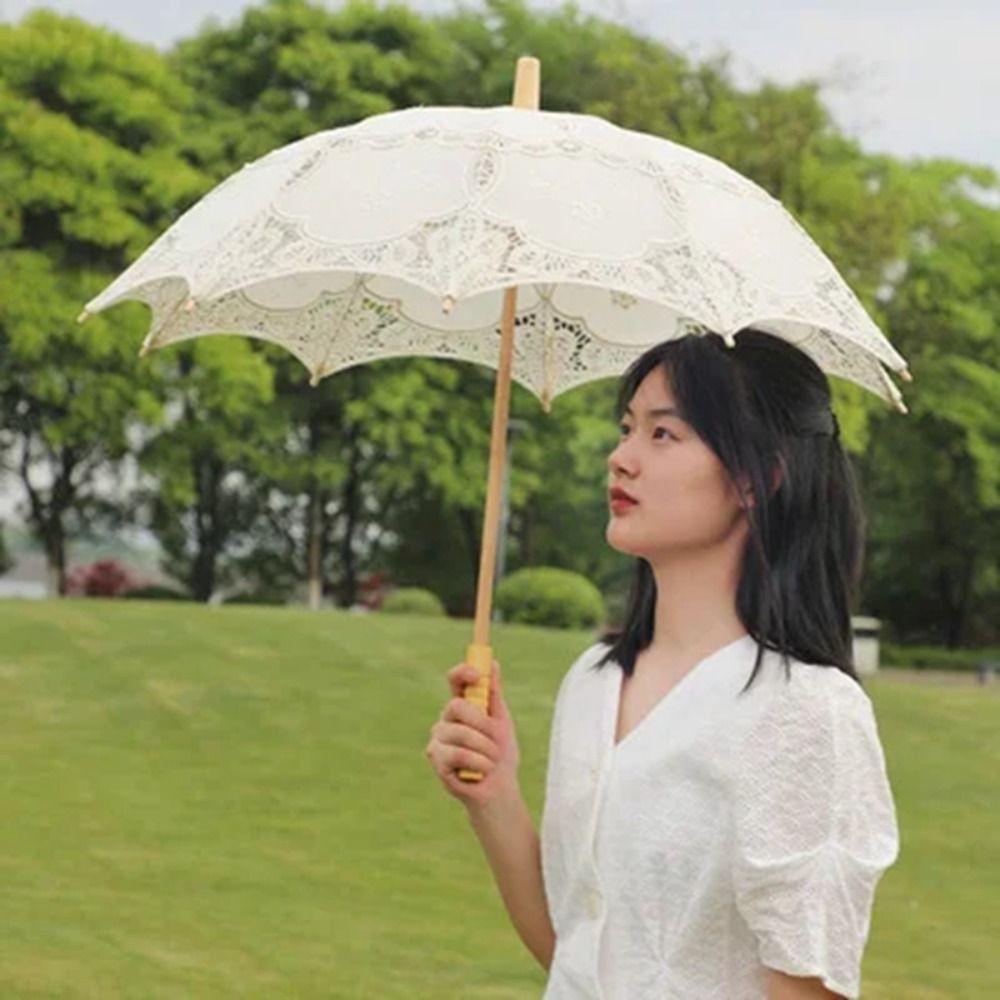 Hollowed Wedding Lace Umbrella Wooden Handle Parasol Umbrella Photography Prop Prop Umbrella  Women