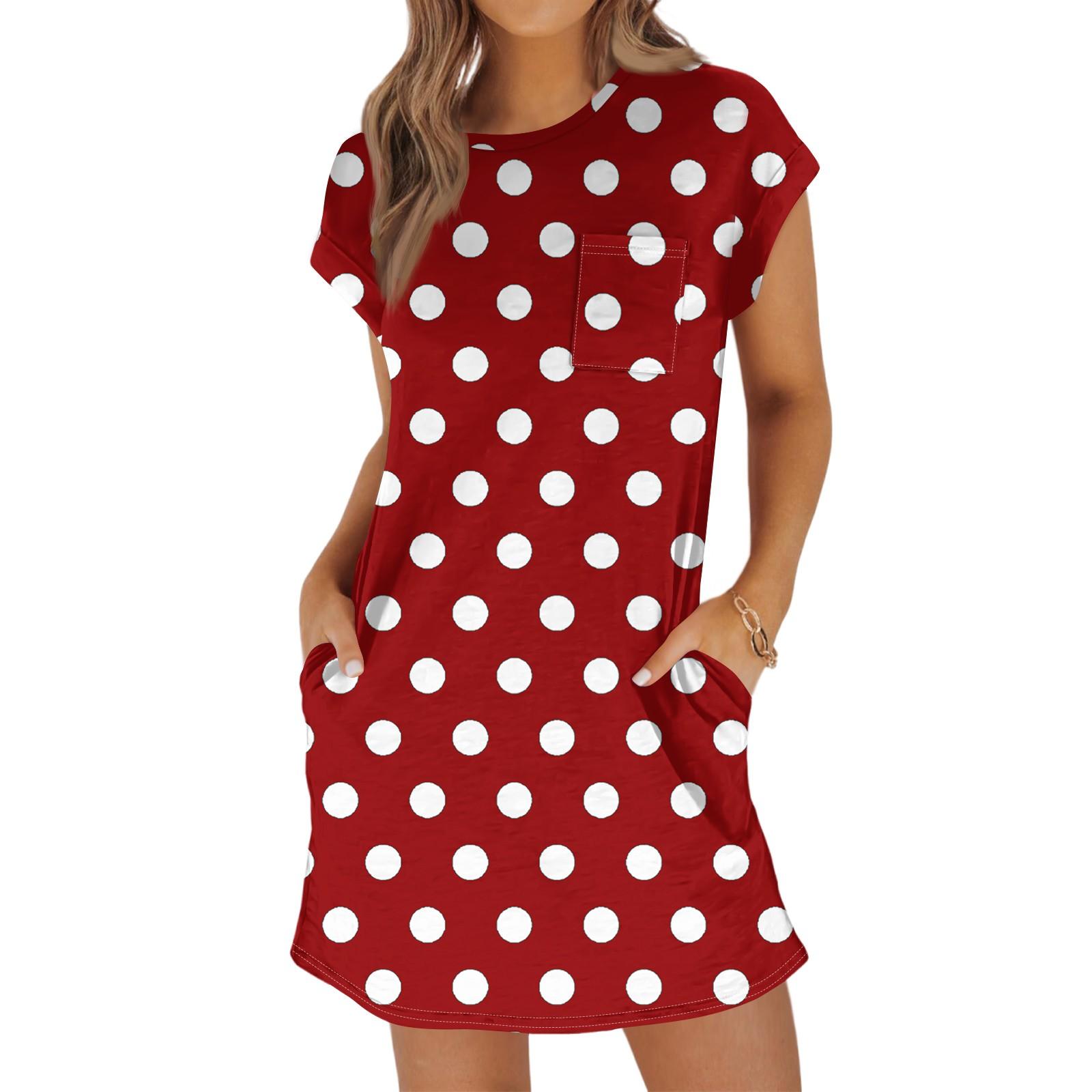 

Женское модное повседневное летнее платье с принтом в горошек, коротким рукавом, круглым вырезом и карманами XL