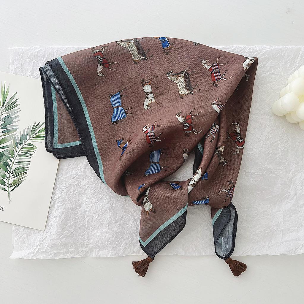 Korean Style Horse Pattern Cotton Linen Square Scarf Women Spring Summer Versatile Sunscreen Tassel Headscarf For Beach Decoration