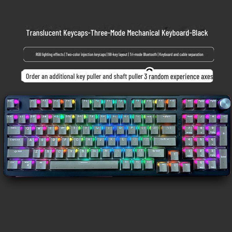 Tastatură mecanică de gaming wireless Bluetooth tri-mode cu 98 de taste și comutatoare personalizabile (Albastru, Negru, Ceai, Roșu) și design cu înlocuire la cald.