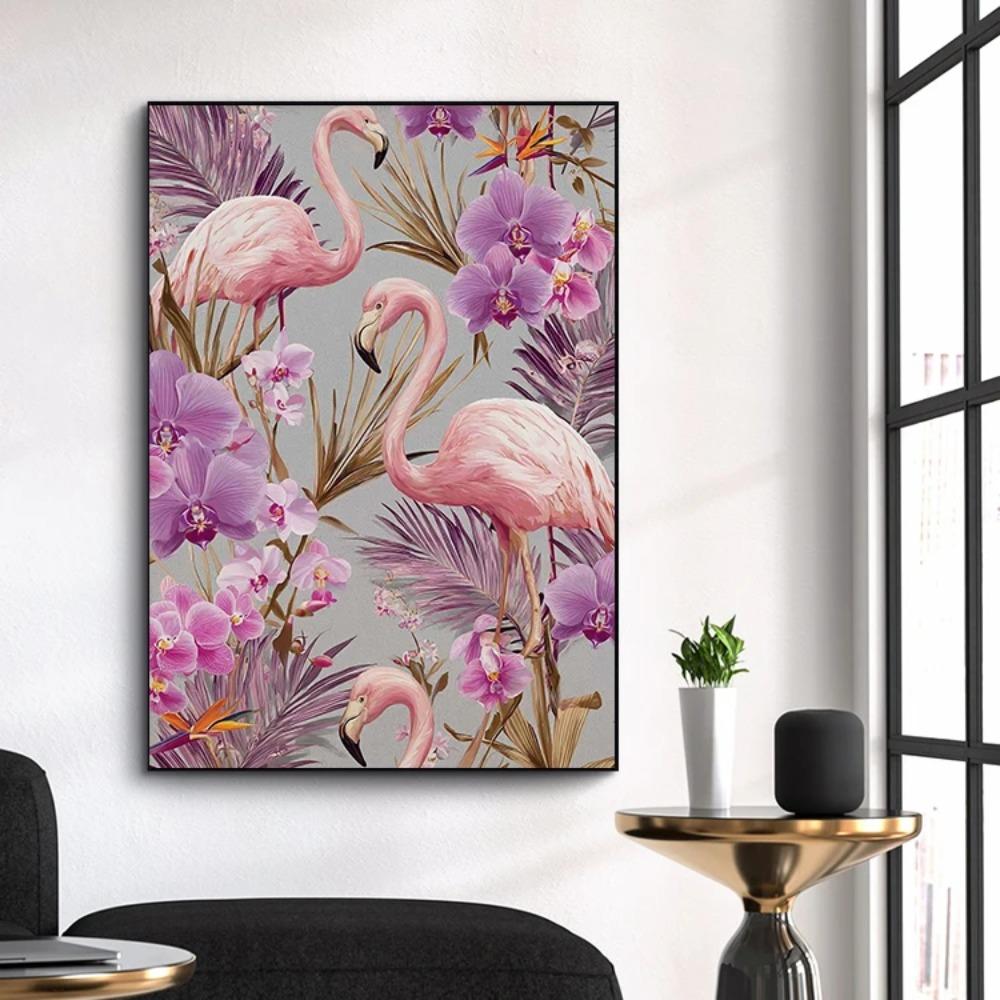 Colorful Vintage Flamingo Illustration Posters Natural Flowers Modern Prints Canvas Wall Art Pictures Home Living Room Decor
