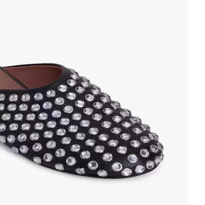 Fashion Luxury Rhinestone Slippers Outdoor Women's Shoes Summer Trend Crystal Studded Ballet Flats Shoes Black Leather Casual Shoes 42