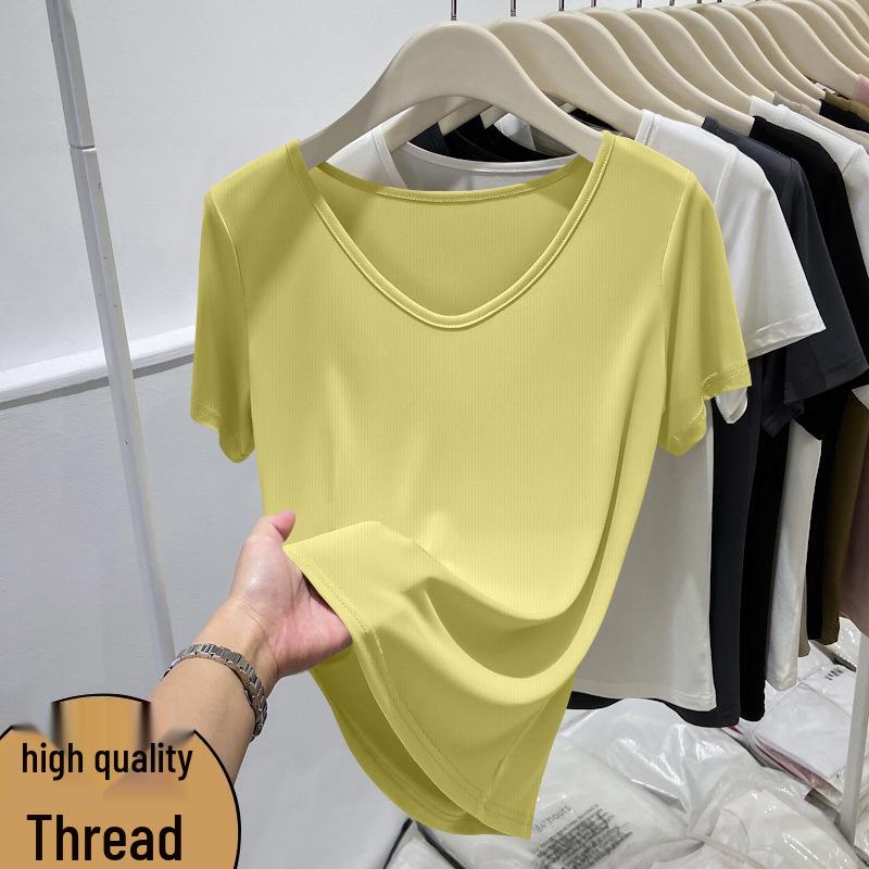 Women's Slim Fit V-neck Short-Sleeve T-shirt - Solid Color, Regular Shoulder, Body-hugging Base Layer for Spring/Summer.