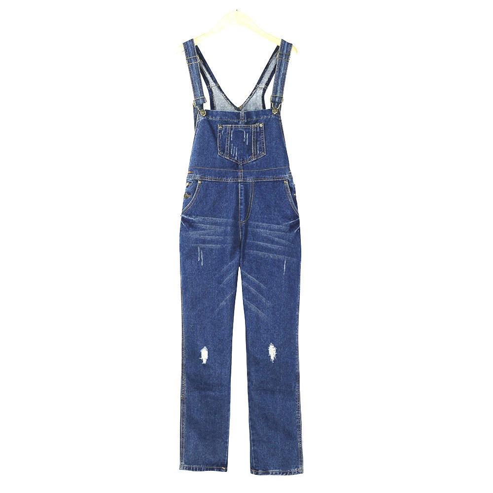Lässige Streetwear Loch Denim Jumpsuits Damen Locker Latzhose Tasche Lange Hosen Taille Gerade Jeans Overalls