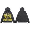 Trendy American Street Style Retro Distressed Letter Print Zipper Hooded Sweatshirt