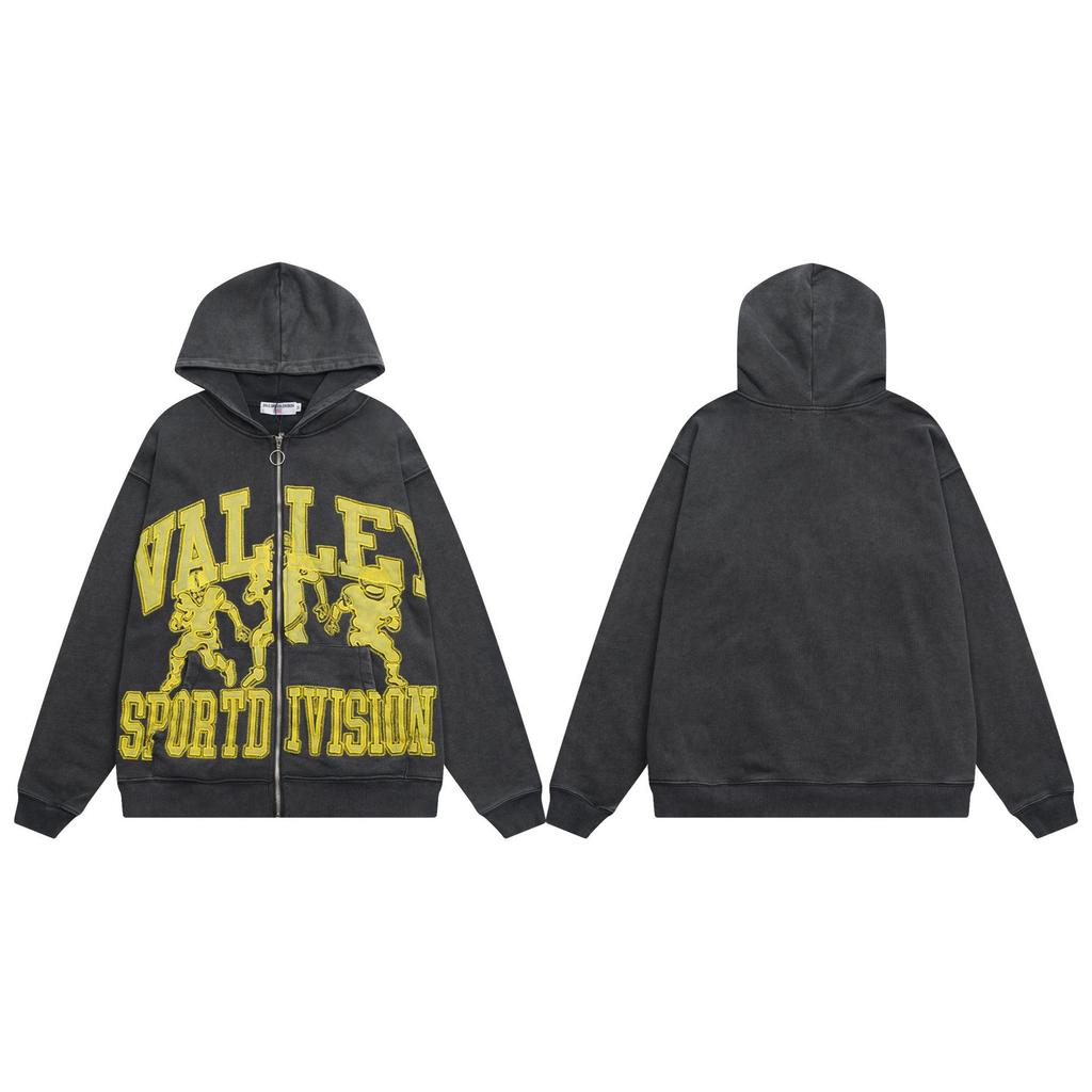 Trendy American Street Style Retro Distressed Letter Print Zipper Hooded Sweatshirt