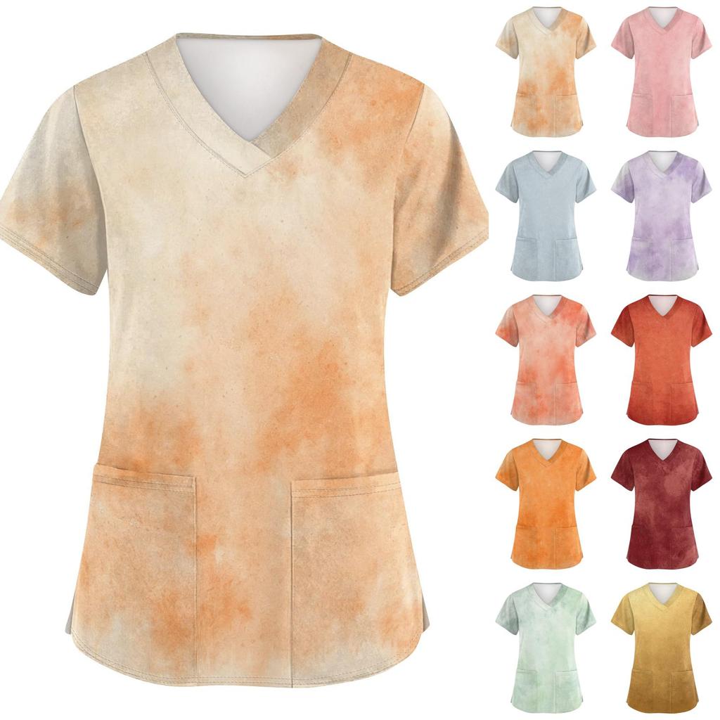 Women's V-Neck Short Sleeve Scrub Top with Pockets Gradient Tie Print Caregiver Work Uniform
