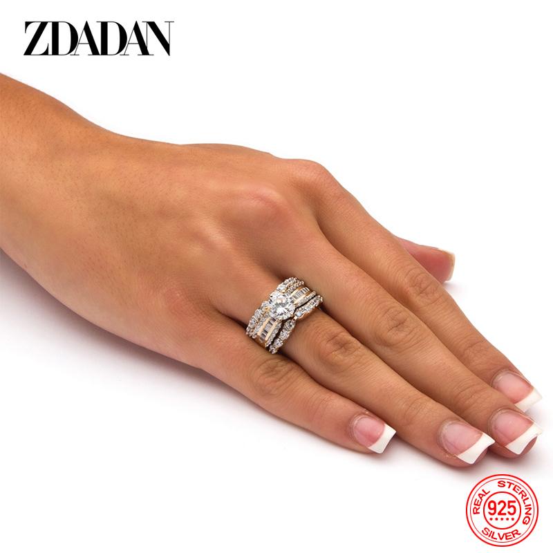925 Sterling Silver 18K Gold 3pcs Geometric Zircon Rings for Women Jewelry Gift