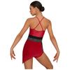 Womens Figure Skating Sling Bodysuit Sparkle Rhinestone Ruched Irregular Mesh Overlay Color Block Leotard