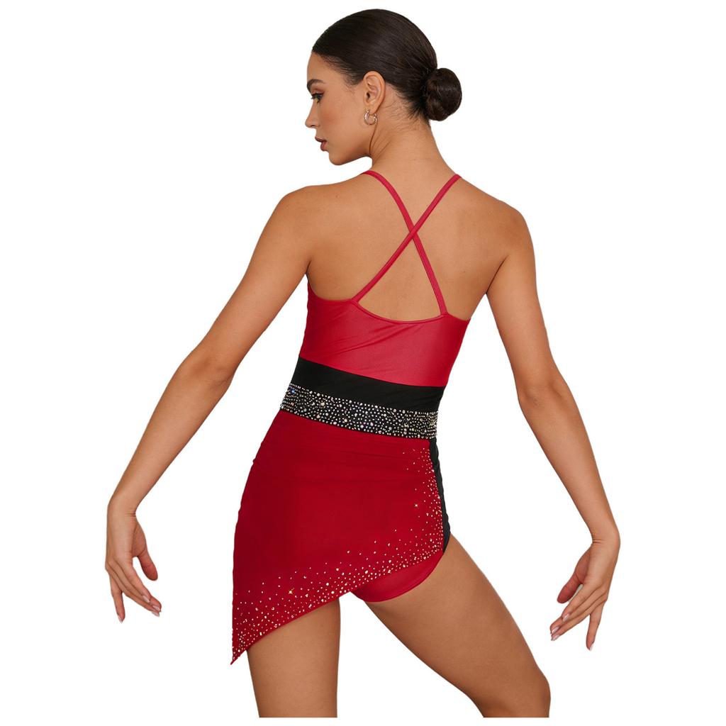 Womens Figure Skating Sling Bodysuit Sparkle Rhinestone Ruched Irregular Mesh Overlay Color Block Leotard
