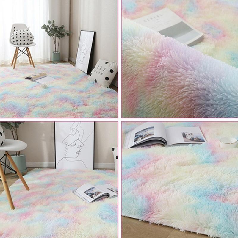 Long Plush Tie Dyed Carpet Thicken Floor Rug Nonslip Mat for Bedroom Bedside Living Room