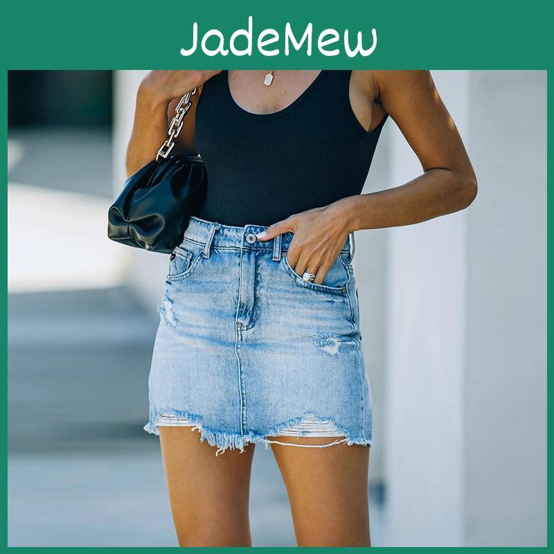 Denim Skirt Womens Comfortable Summer Casual Torn Raw Edge Halfbody Skirt Aline Skirt