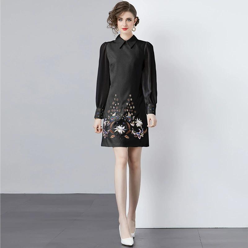 

Женское мини-платье с кукольным воротником, длинным рукавом, в стиле пэчворк, А-силуэта, с вышивкой, цветочным принтом, офисные миди-платья S чёрный